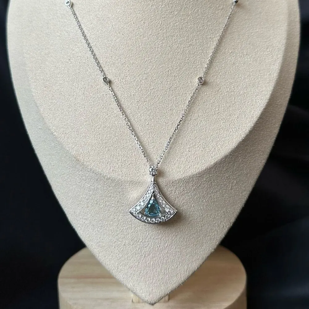 Fan Pendant — White Gold, Pale Blue Stone