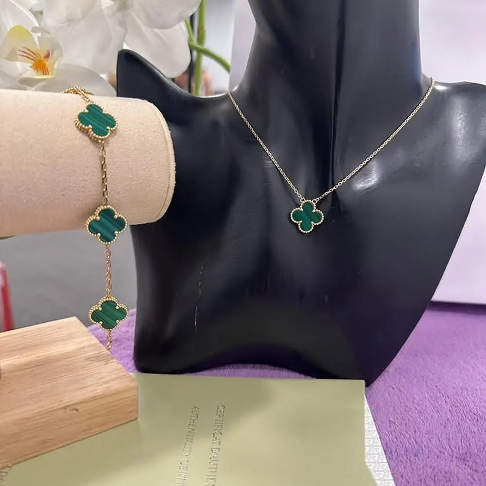 Clover Set — Necklace, Bracelet & Earrings in Malachite — view 2 of 2