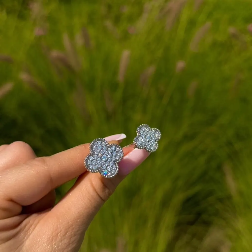 Clover Stud Earrings — Grey Pavé