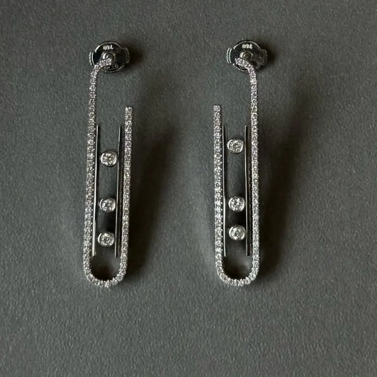 Long Three-Stone Slider Earrings — Pavé White Gold — view 1 of 2