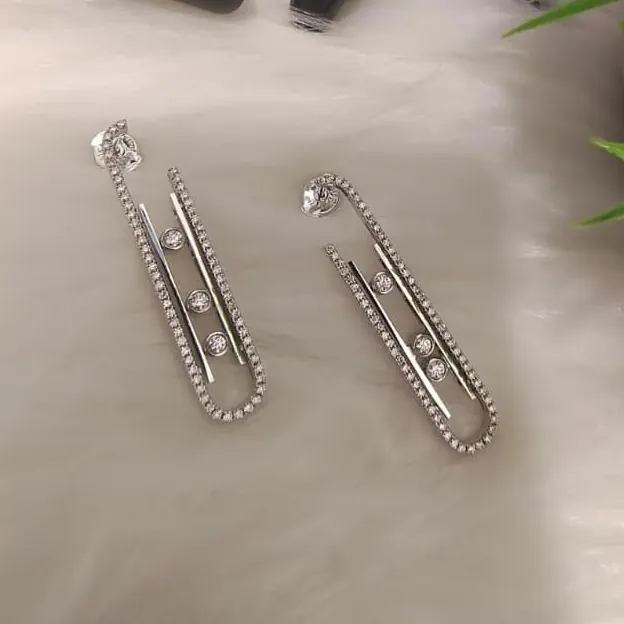 Long Three-Stone Slider Earrings — Pavé White Gold — view 2 of 2