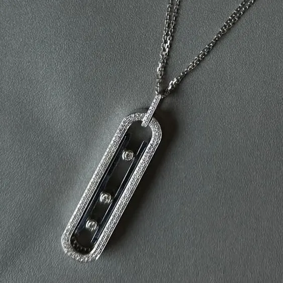 Long Three-Stone Slider Pendant — Pavé White Gold