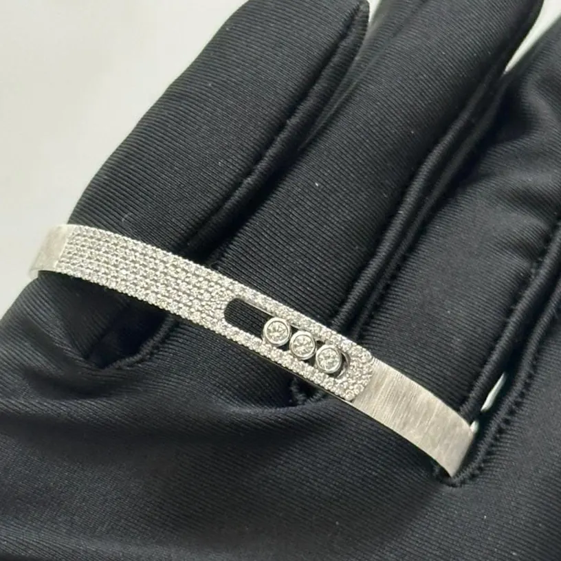 Pavé Three-Stone Slider Bangle — White Gold