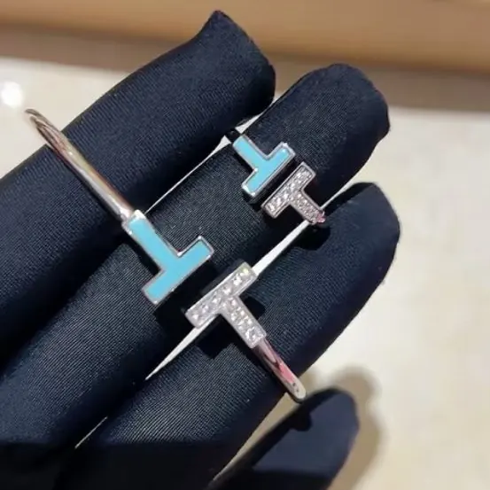 Open T Wire Bangle — Turquoise & Pavé, White Gold